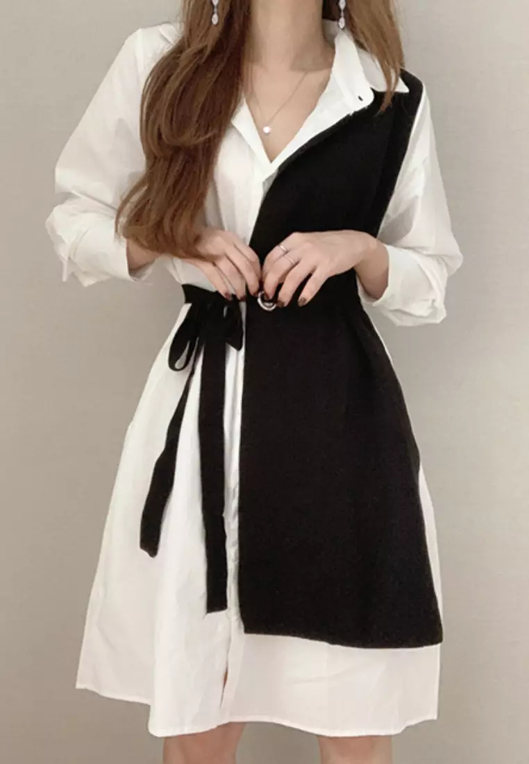 2024 new style spliced ​​long-sleeved shirt dress K092504-BW