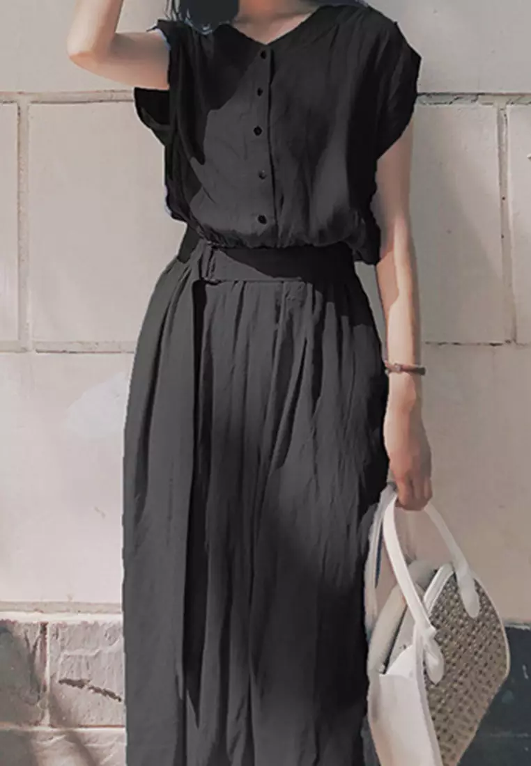 Chiffon Long Short Sleeve Cardigan Style One-Piece Dress A22022532BL