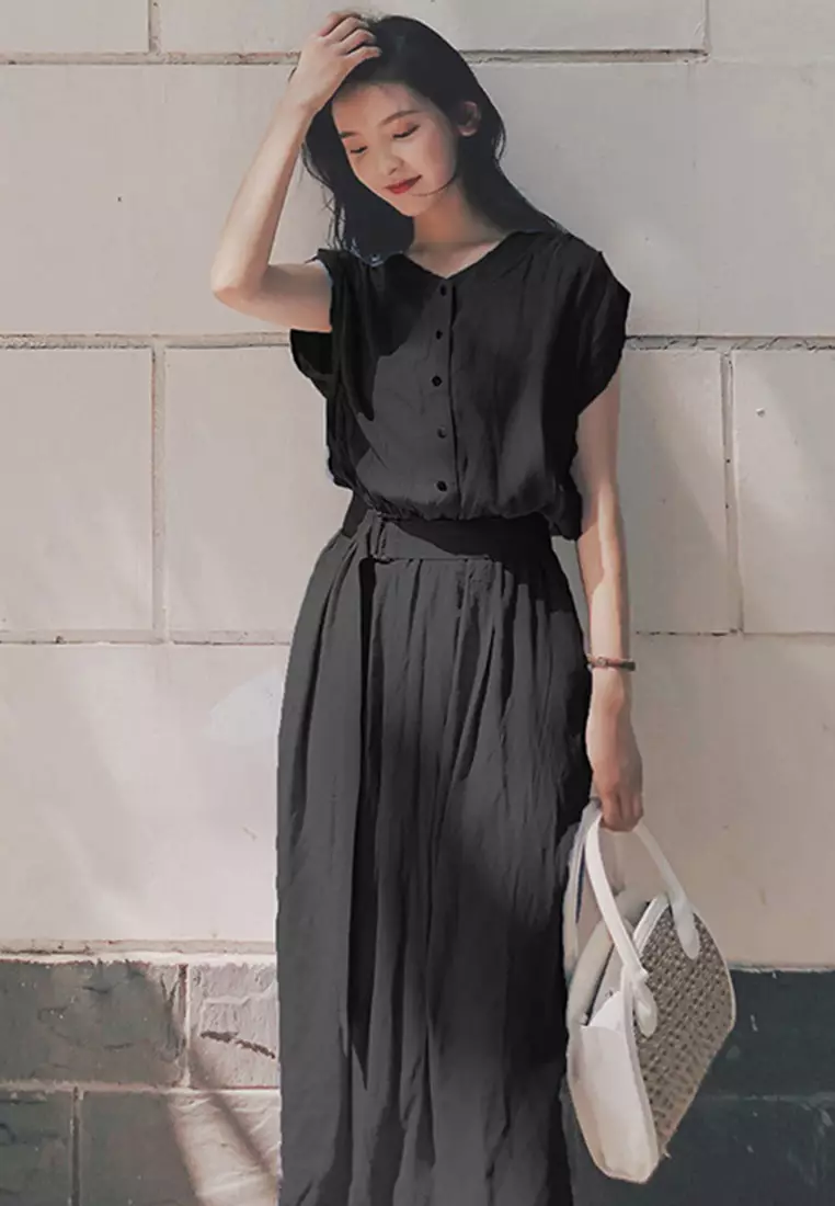 Chiffon Long Short Sleeve Cardigan Style One-Piece Dress A22022532BL