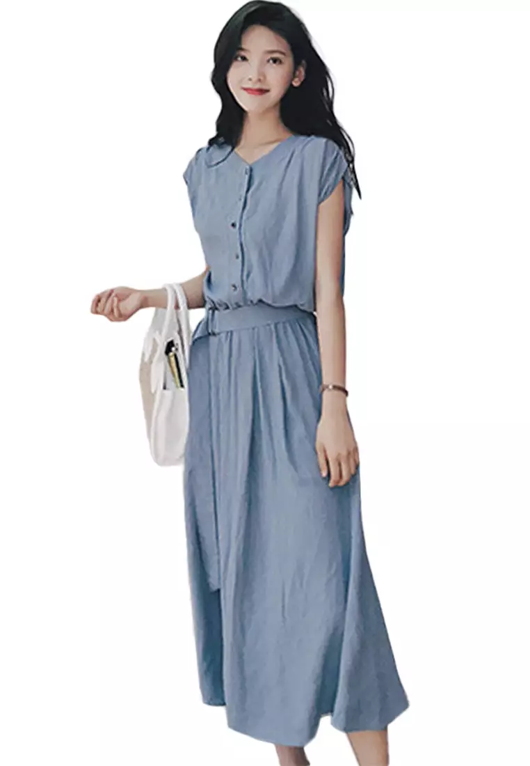Chiffon Long Short Sleeve Cardigan Style One-Piece Dress A22022532BL