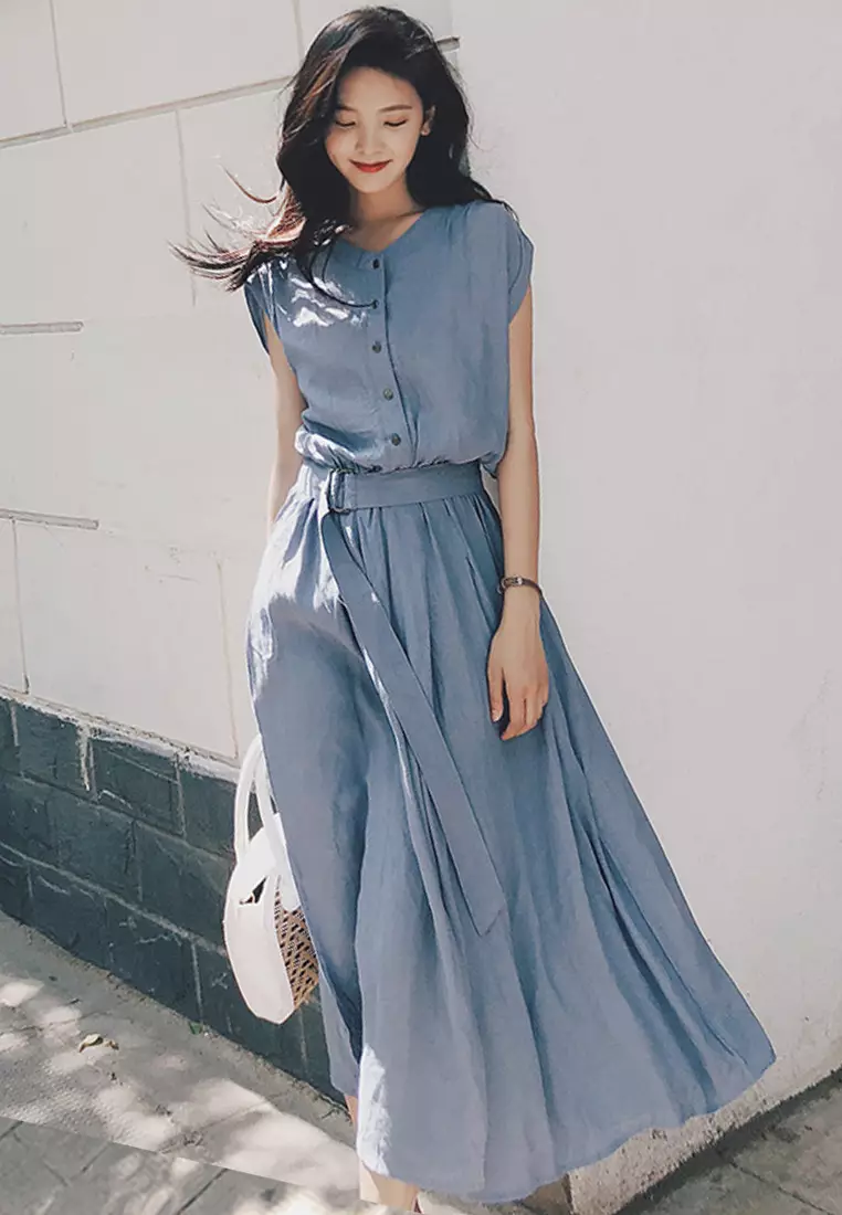 Chiffon Long Short Sleeve Cardigan Style One-Piece Dress A22022532BL