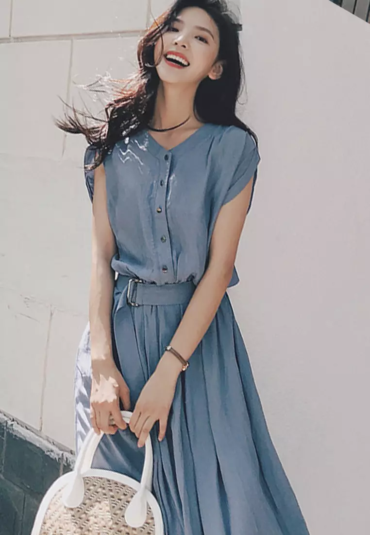 Chiffon Long Short Sleeve Cardigan Style One-Piece Dress A22022532BL