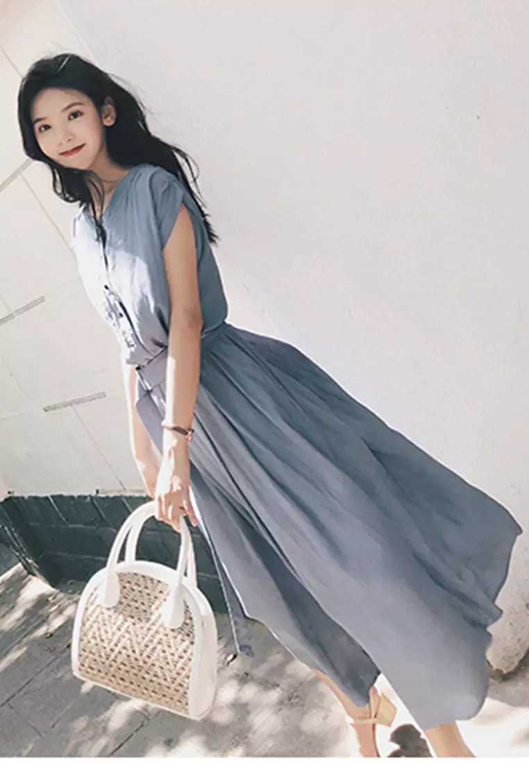 Chiffon Long Short Sleeve Cardigan Style One-Piece Dress A22022532BL