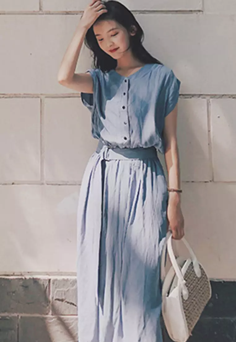 Chiffon Long Short Sleeve Cardigan Style One-Piece Dress A22022532BL
