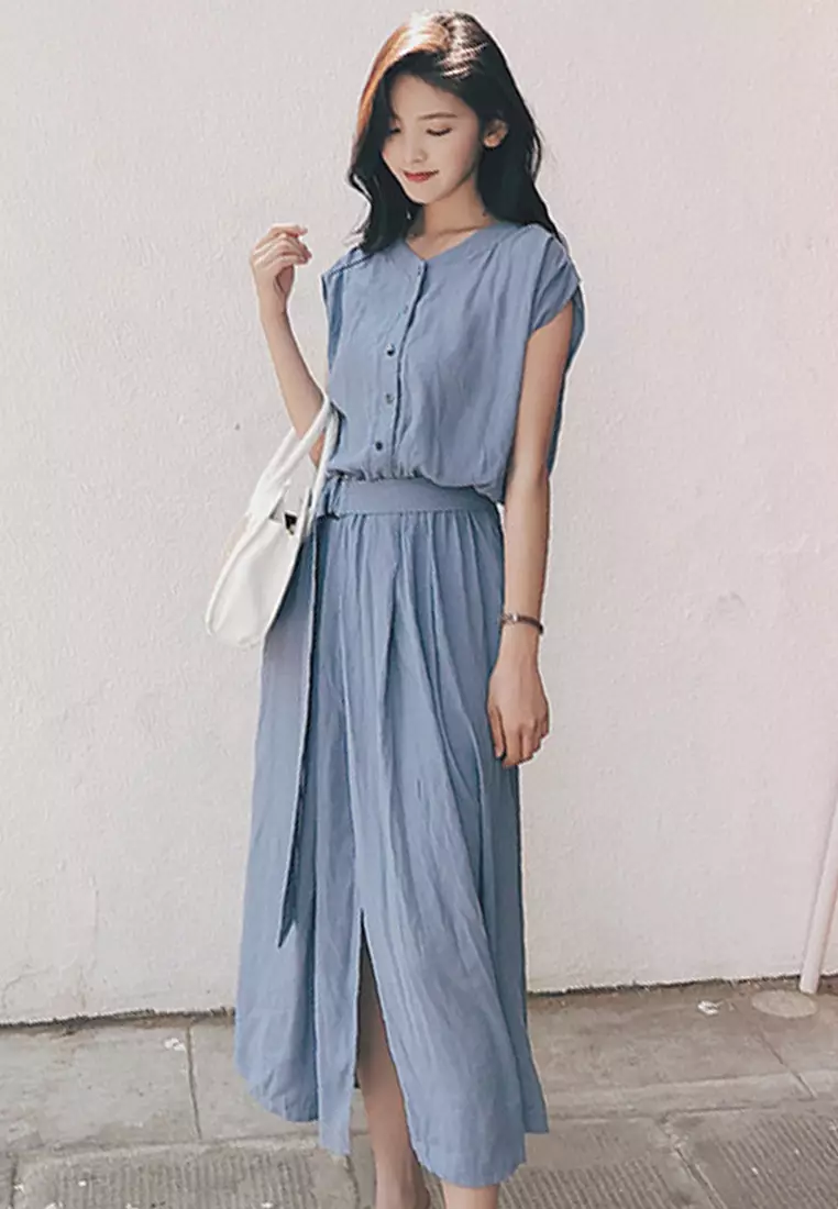 Chiffon Long Short Sleeve Cardigan Style One-Piece Dress A22022532BL