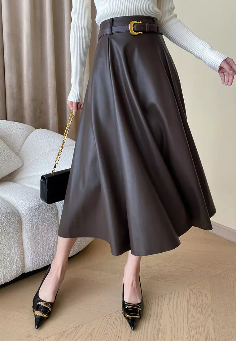 Commuting style French pleated temperament belt PU leather skirt A120410BW
