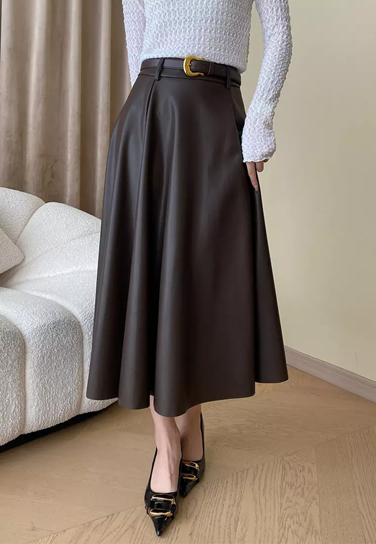 Commuting style French pleated temperament belt PU leather skirt A120410BW