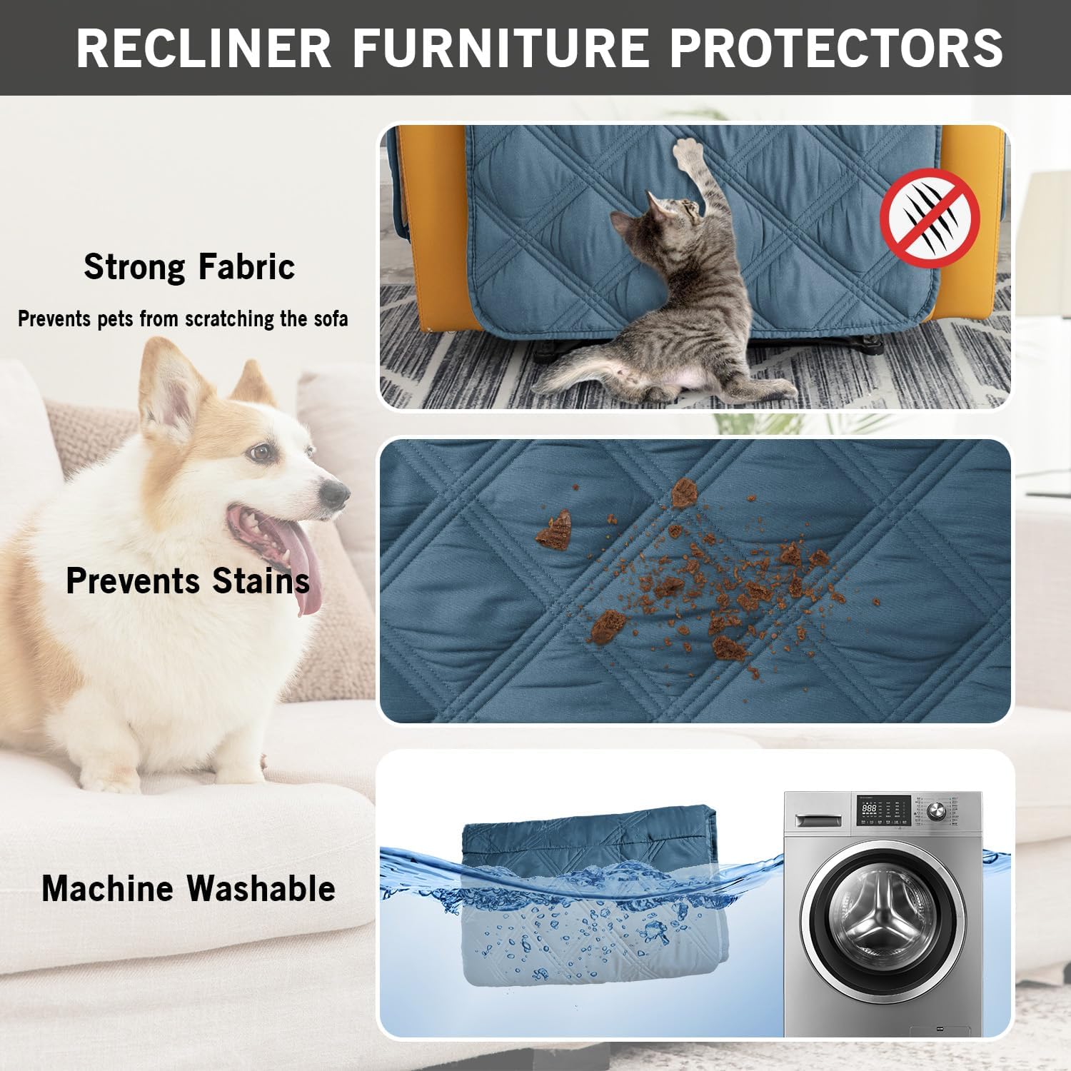 Recliner Chair Covers Waterproof with Non-Slip Furniture Protector Sofa Slipcover for Children, Sofa Covers for Dogs