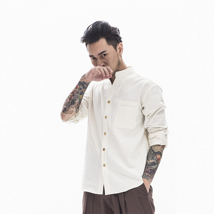 Men’s oriental stand collar shirt in blended linen - front