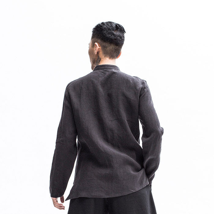Men's oriental washed linen stand collar shirt with front panel-overlay - back