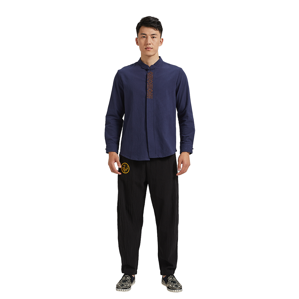 Finial Patterned Long Sleeve Chinese Shirt