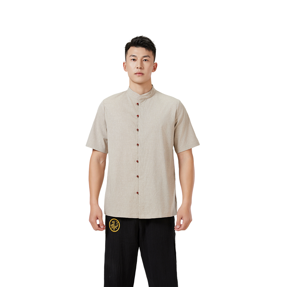Traditional Chinese Short-Sleeve Shirt – Modern Linen Blend with Amber Buttons