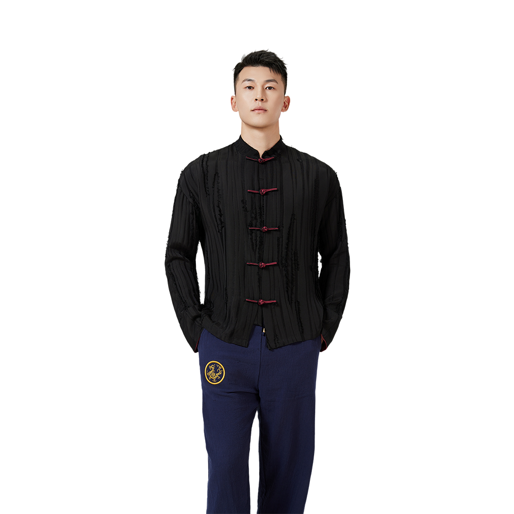 Men's Black Ribbed Long Sleeve Mandarin Collar Shirt with Decorative Frog Buttons