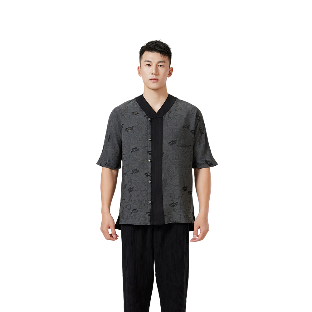 Textured Men's Short Sleeve V-Neck Shirt with Subtle Floral Pattern