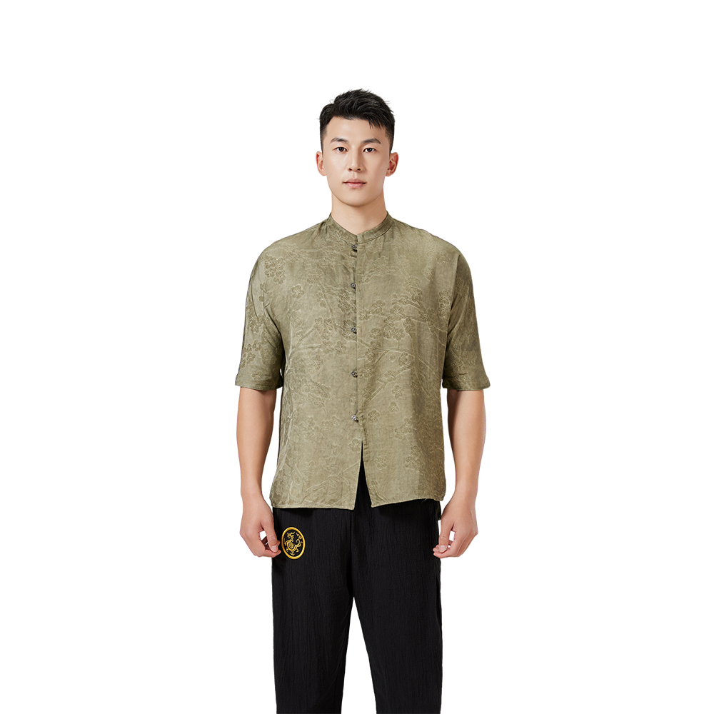 Traditional Chinese Half-Sleeve Shirt – Green Nature-Embossed Fabric with Banded Collar