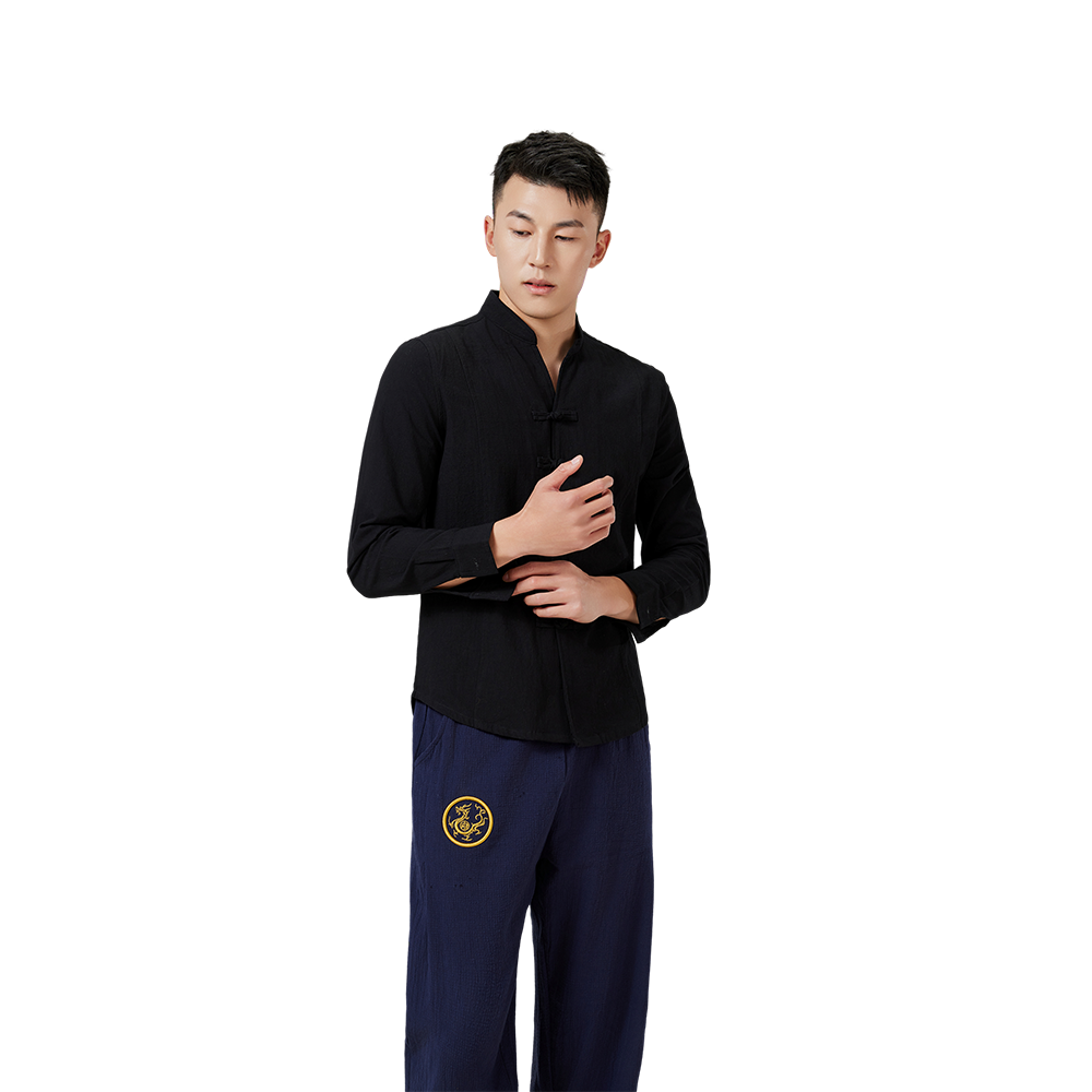 Linen-Cotton Traditional Chinese Long-Sleeve Shirt with Knotted Closures