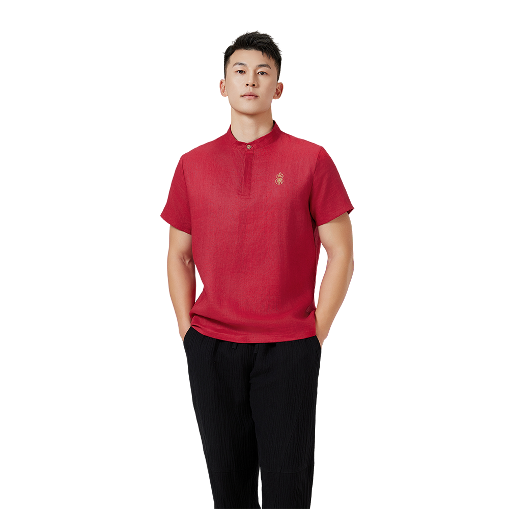 Traditional Chinese Short-Sleeve Shirt – Red Linen with Gold Embroidery