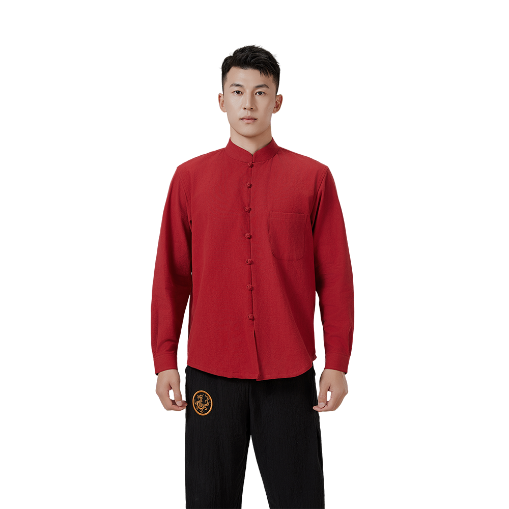 Traditional Chinese Long-Sleeve Shirt – Deep Red Linen with Chest Pocket & Knotted Closures