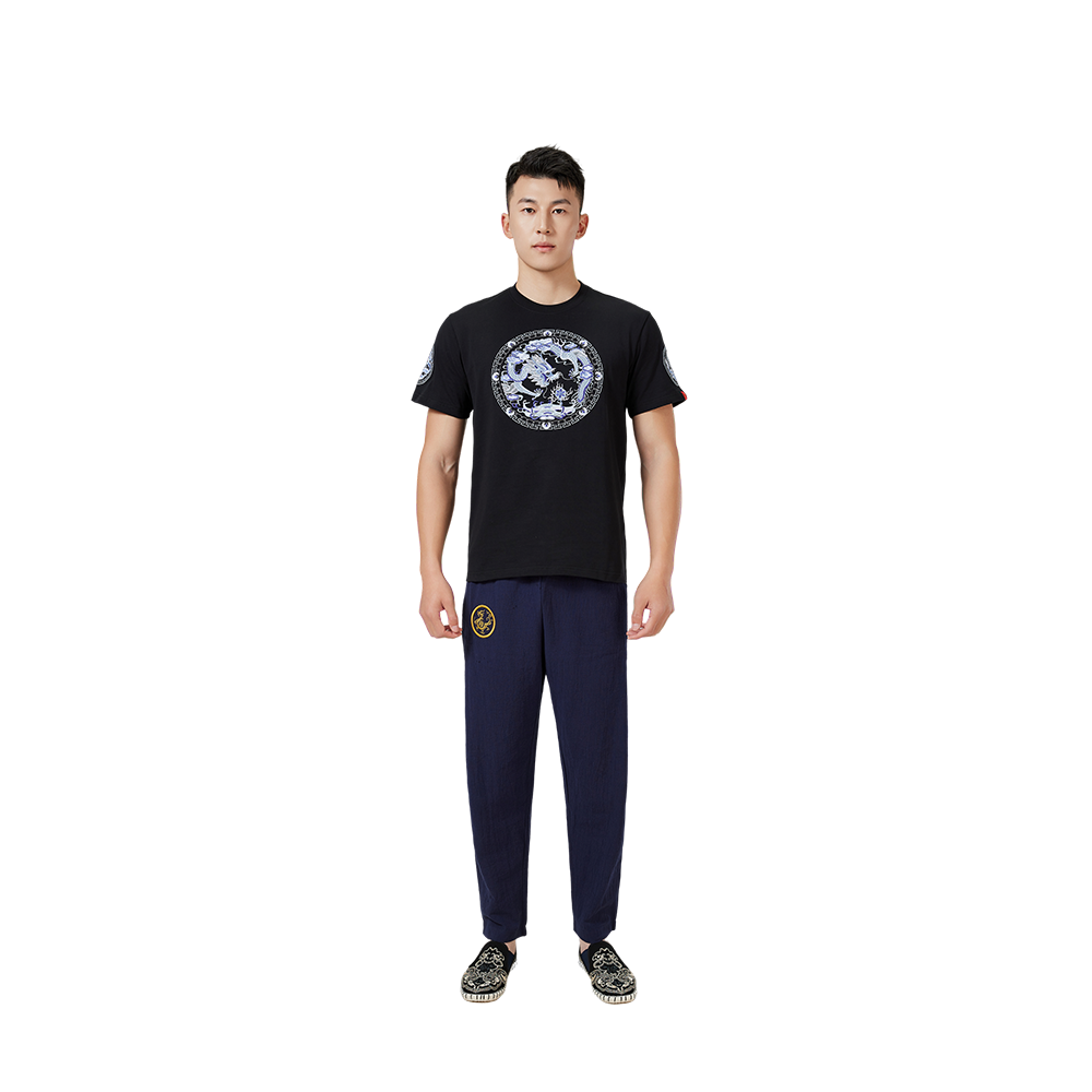 100% Cotton Chinese Embroidered Dragon T-Shirt with Sleeve Accents