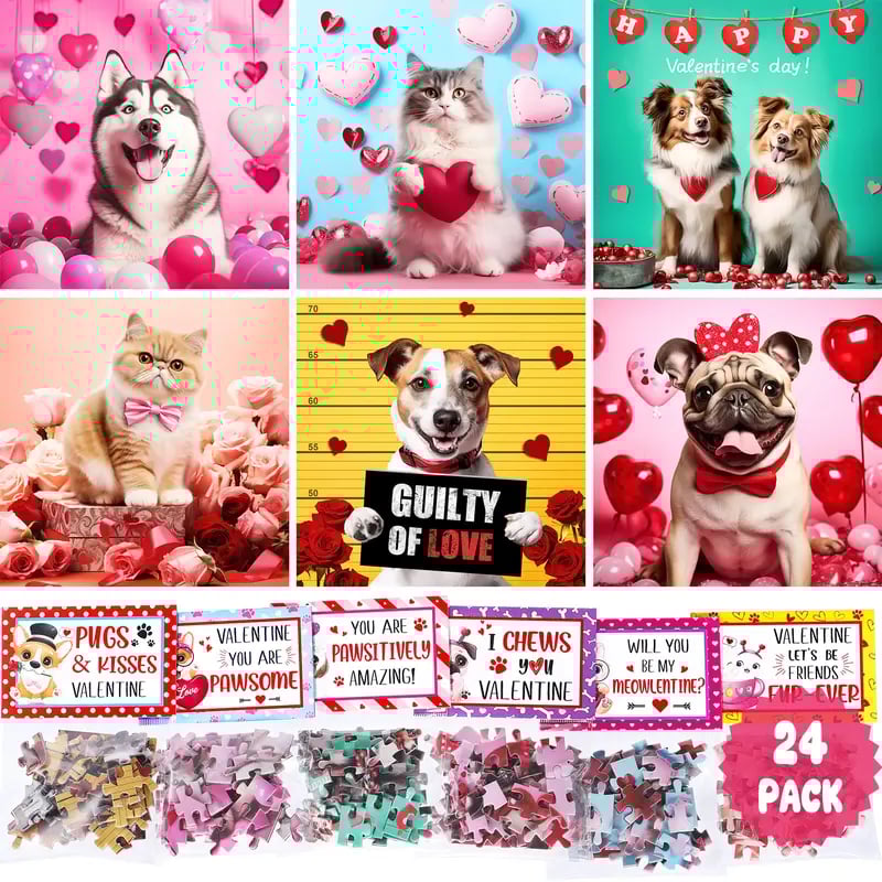 🎁💖Valentine's Day Gift for Students🧩24 Packs Valentine's Day Cat & Dog Jigsaw Puzzles with Cards