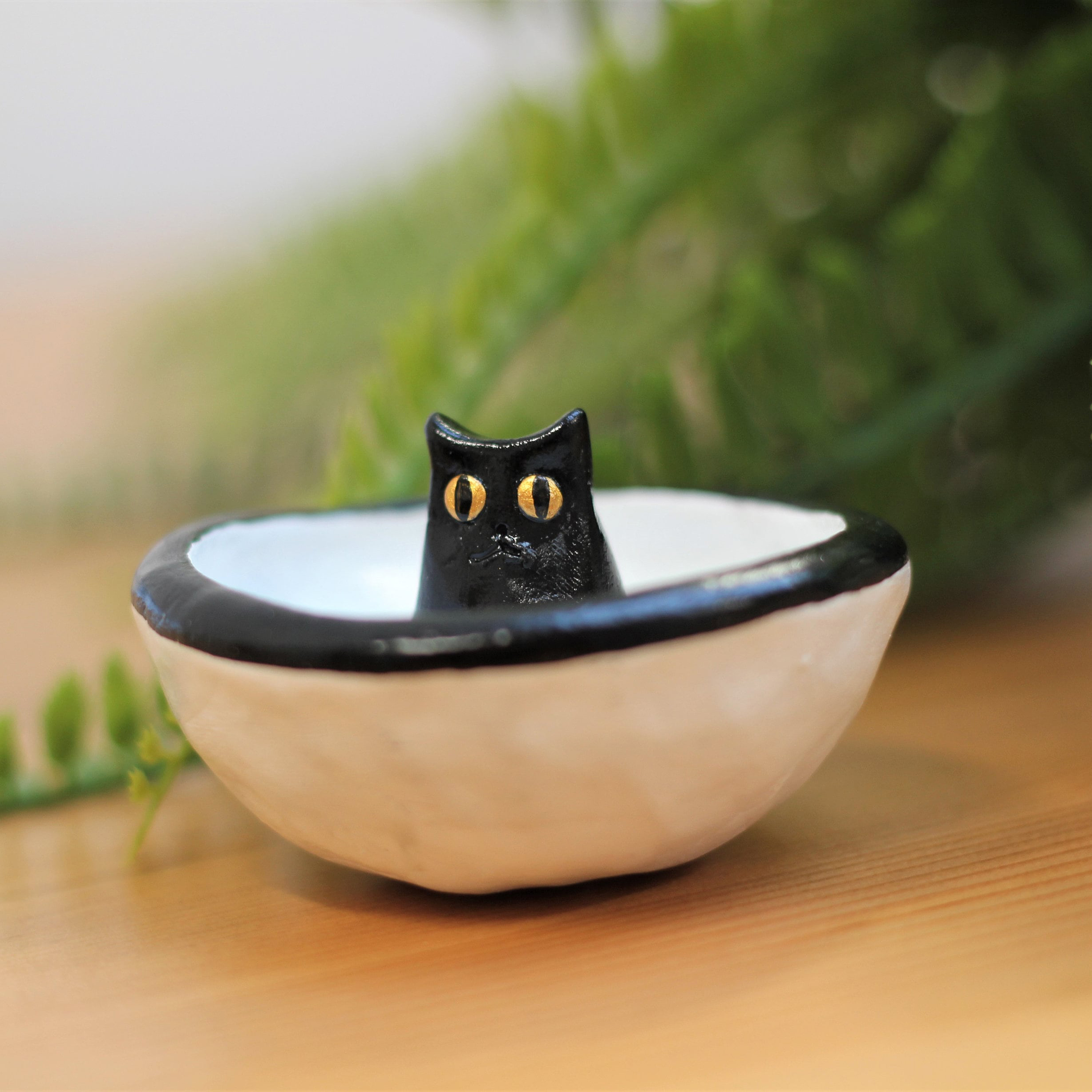 Lucky Black Cat Handmade Ceramic Decorative Trinket Bowl Dish