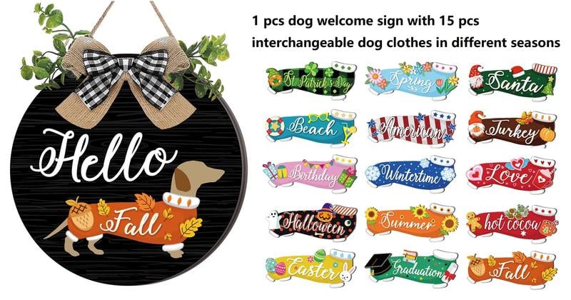 16pcs Interchangeable Dachshund Sign Dog Welcome Sign Wooden Sign with Magnet Detachable Accessories Seasonal Welcome Sign Decorations for Halloween Holiday Seasonal, Birthday Party, Home Wall Office Living Room Garden, Farmhouse Porch Front Door