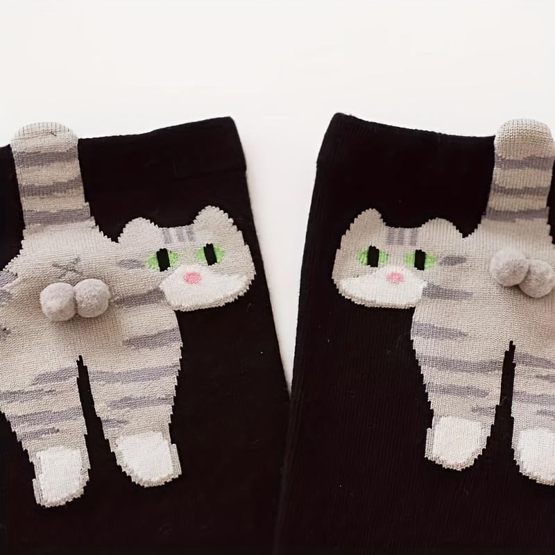 2 Pairs/1 Pair (Buyer's Choice) Cute 3D Tabby Cat Socks with Puss-in-the-Boots-like Paws & Bell Collar - Warm Winter Tights for Men & Women, Unisex Thick Casual Socks for & s (Machine Washable)