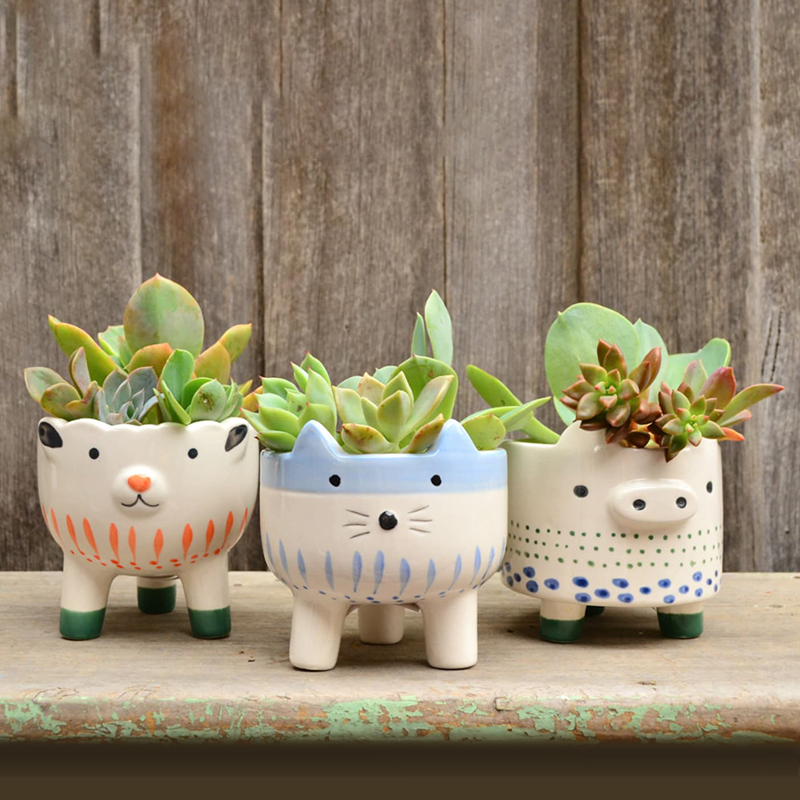 White Ceramic Hand Painted Footed Animal Planters