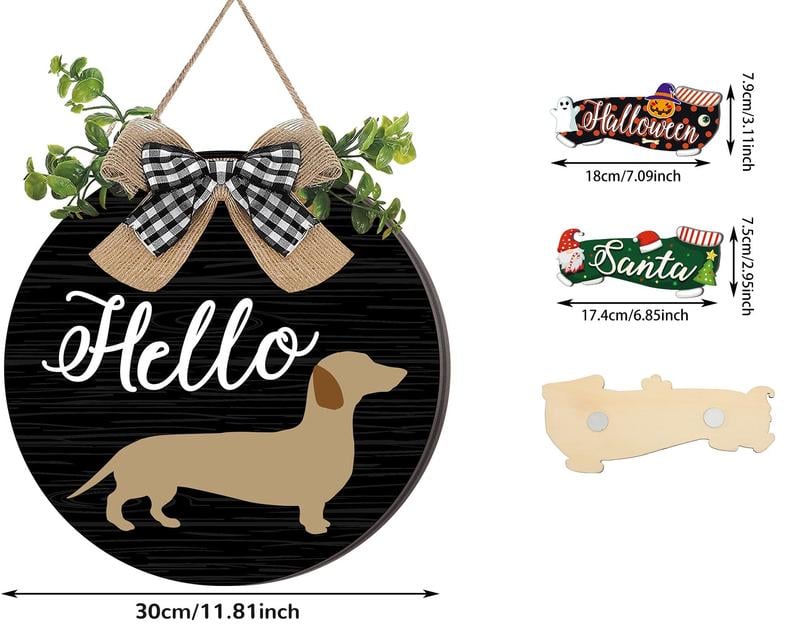 16pcs Interchangeable Dachshund Sign Dog Welcome Sign Wooden Sign with Magnet Detachable Accessories Seasonal Welcome Sign Decorations for Halloween Holiday Seasonal, Birthday Party, Home Wall Office Living Room Garden, Farmhouse Porch Front Door