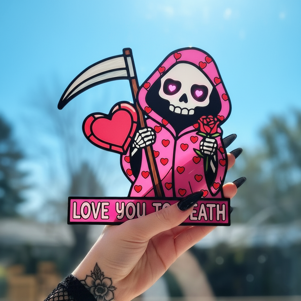 💖"Love You To Death" Grim Reaper Window Corner Suncatcher | Pastel Goth Valentine's Decor