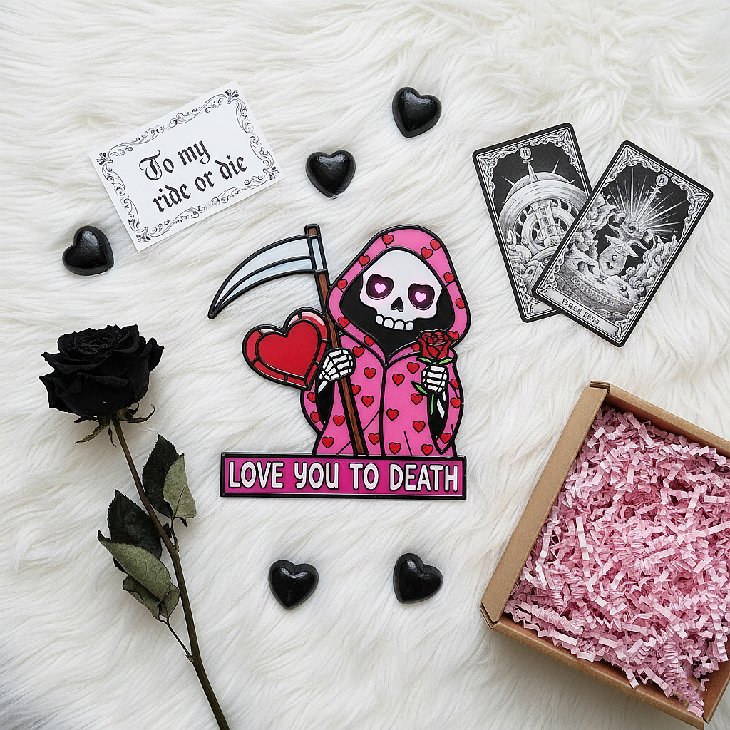 💖"Love You To Death" Grim Reaper Window Corner Suncatcher | Pastel Goth Valentine's Decor