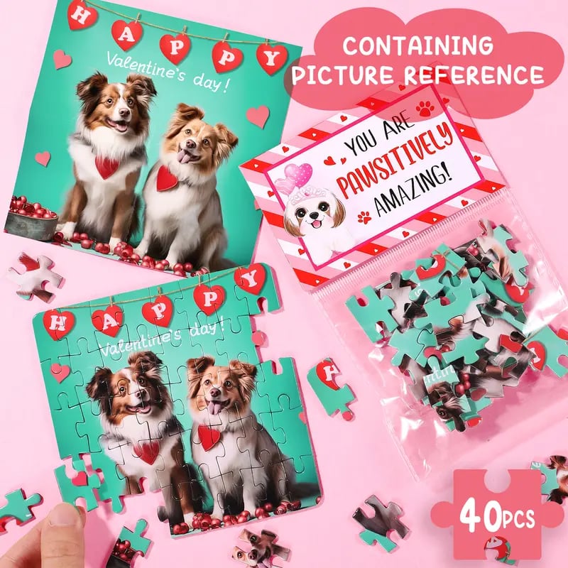 🎁💖Valentine's Day Gift for Students🧩24 Packs Valentine's Day Cat & Dog Jigsaw Puzzles with Cards
