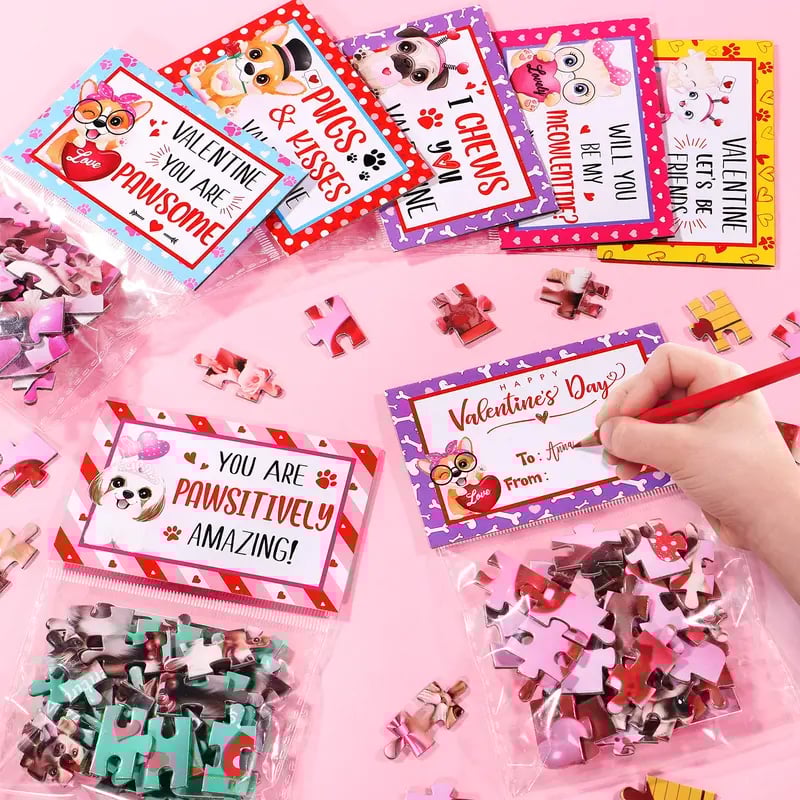 🎁💖Valentine's Day Gift for Students🧩24 Packs Valentine's Day Cat & Dog Jigsaw Puzzles with Cards