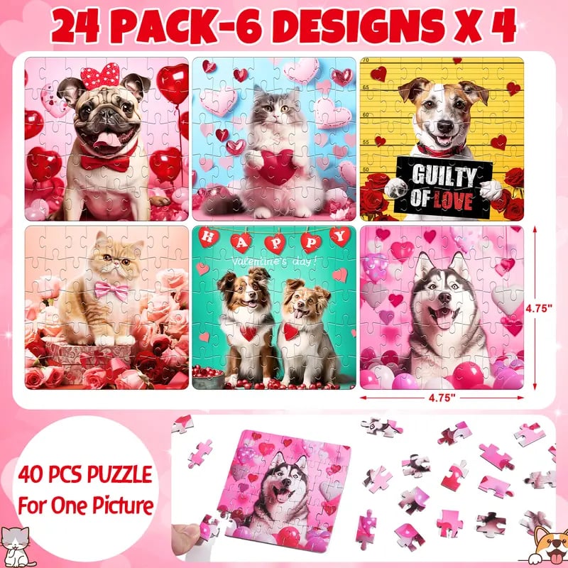 🎁💖Valentine's Day Gift for Students🧩24 Packs Valentine's Day Cat & Dog Jigsaw Puzzles with Cards