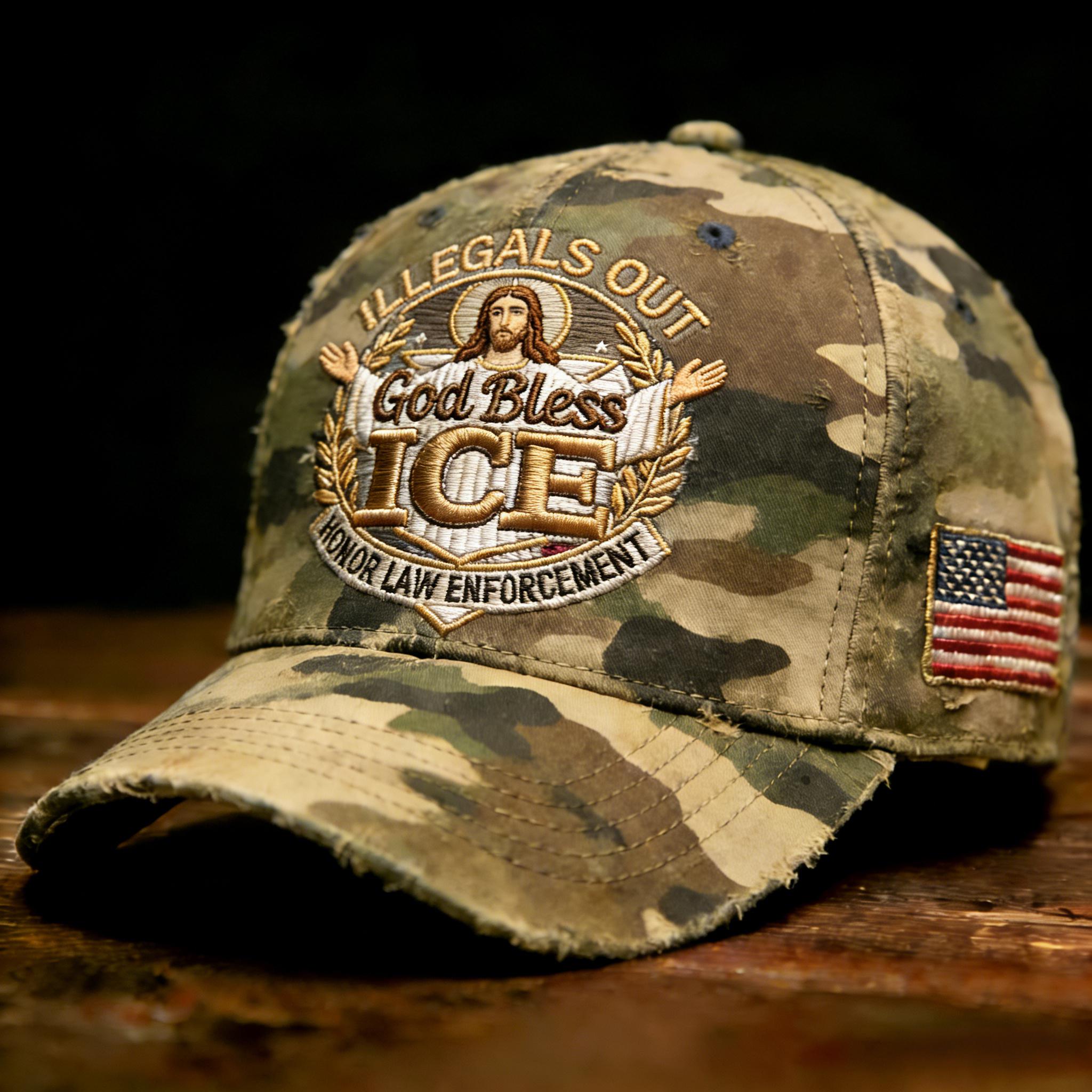 Rugged Camo “God Bless ICE” Trucker Hat – Patriotic Law Enforcement Support Baseball Cap