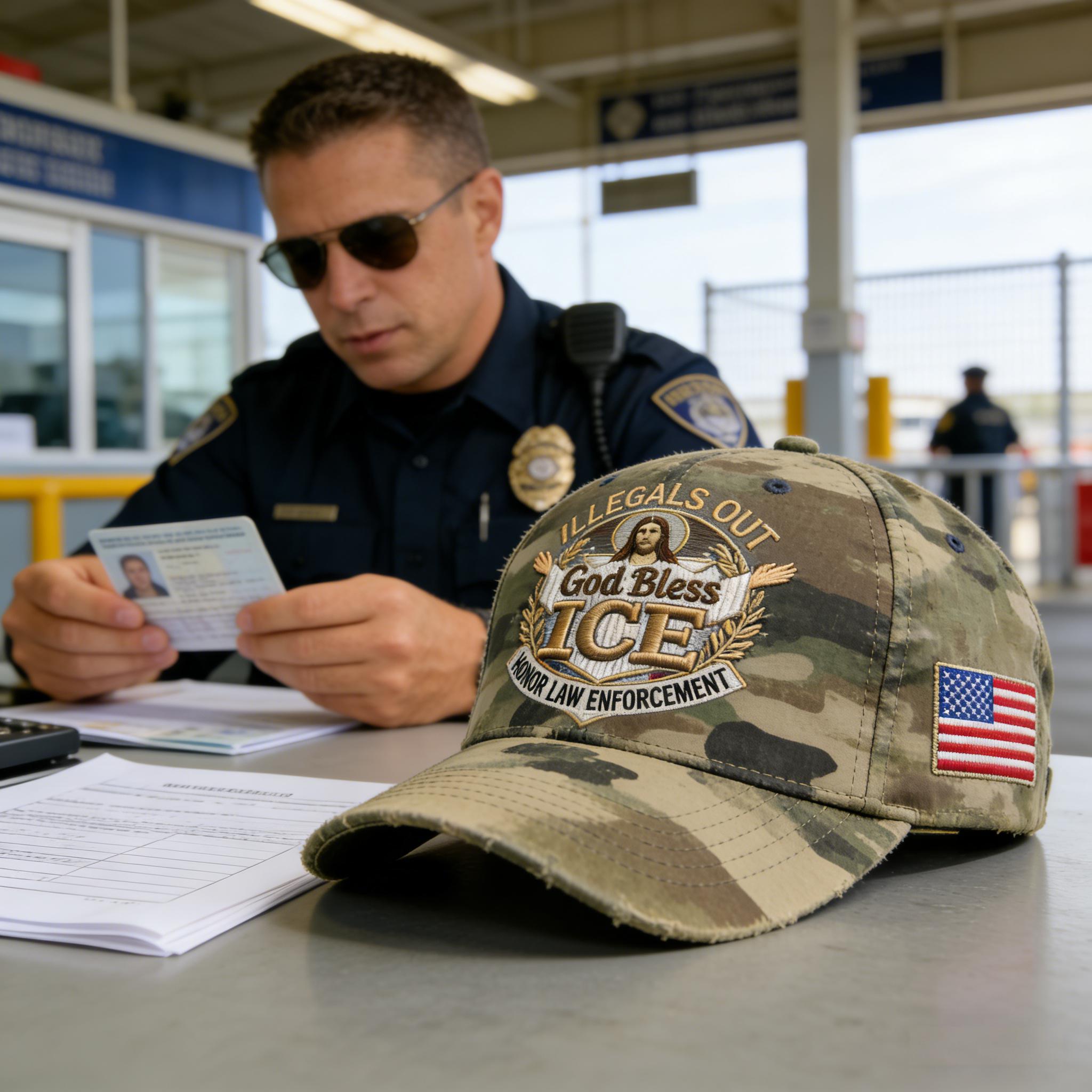Rugged Camo “God Bless ICE” Trucker Hat – Patriotic Law Enforcement Support Baseball Cap