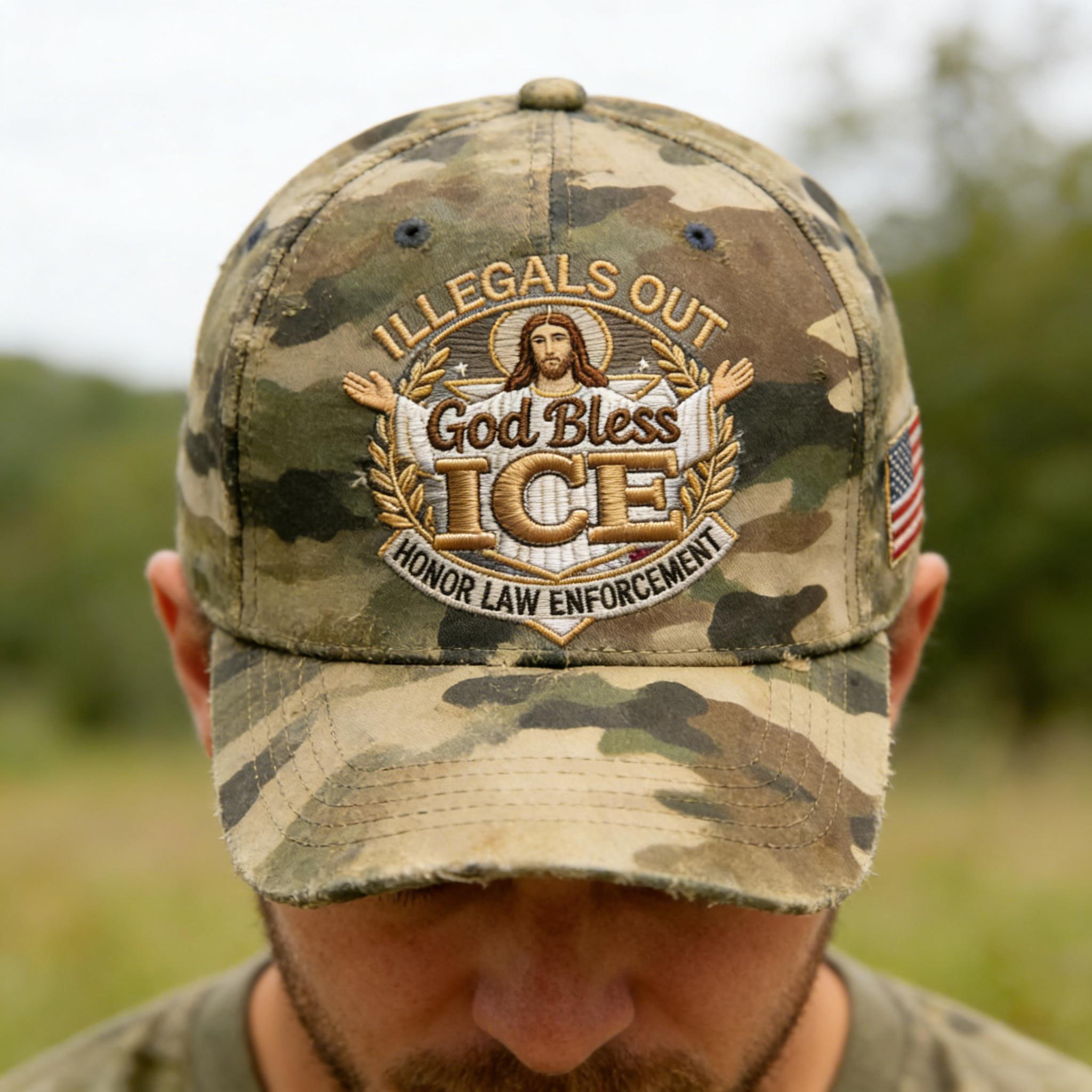 Rugged Camo “God Bless ICE” Trucker Hat – Patriotic Law Enforcement Support Baseball Cap
