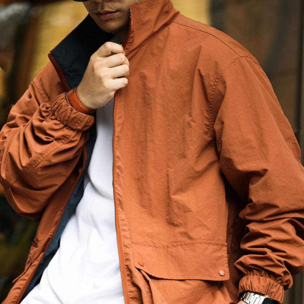 Casual double-sided shuttle woven assault jacket, loose multi pocket stand up collar jacket