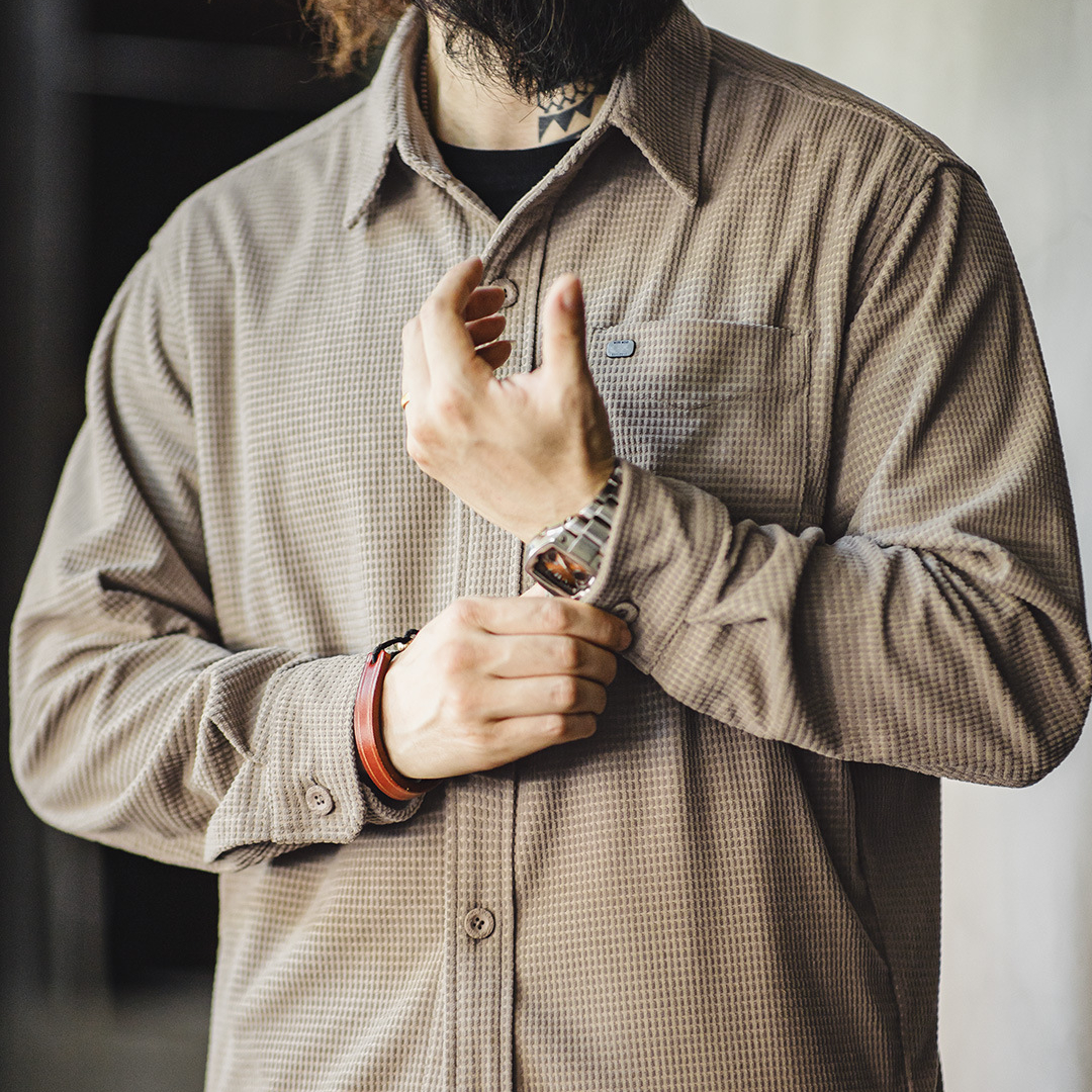 MADEN Retro Corn Plaid Shirt Polo Collar Solid Color Casual Loose Long Sleeve Shirt