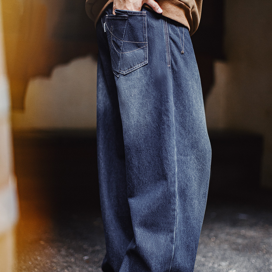 American Retro Washed Curved Knife Denim Wide Leg Hanging Casual Long Pants