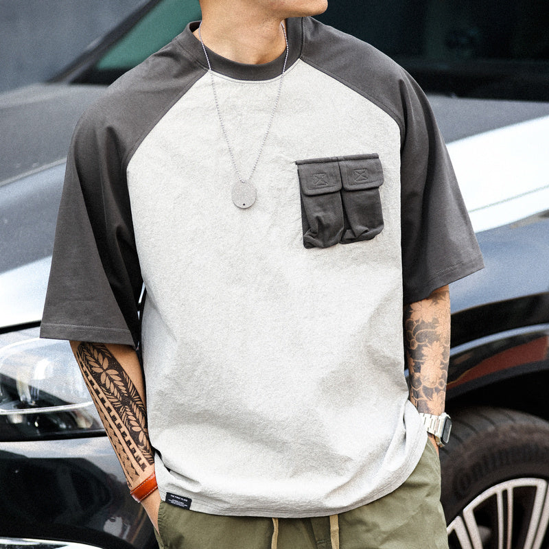 American retro sports men's loose outdoor casual patchwork pocket short sleeved T-shirt