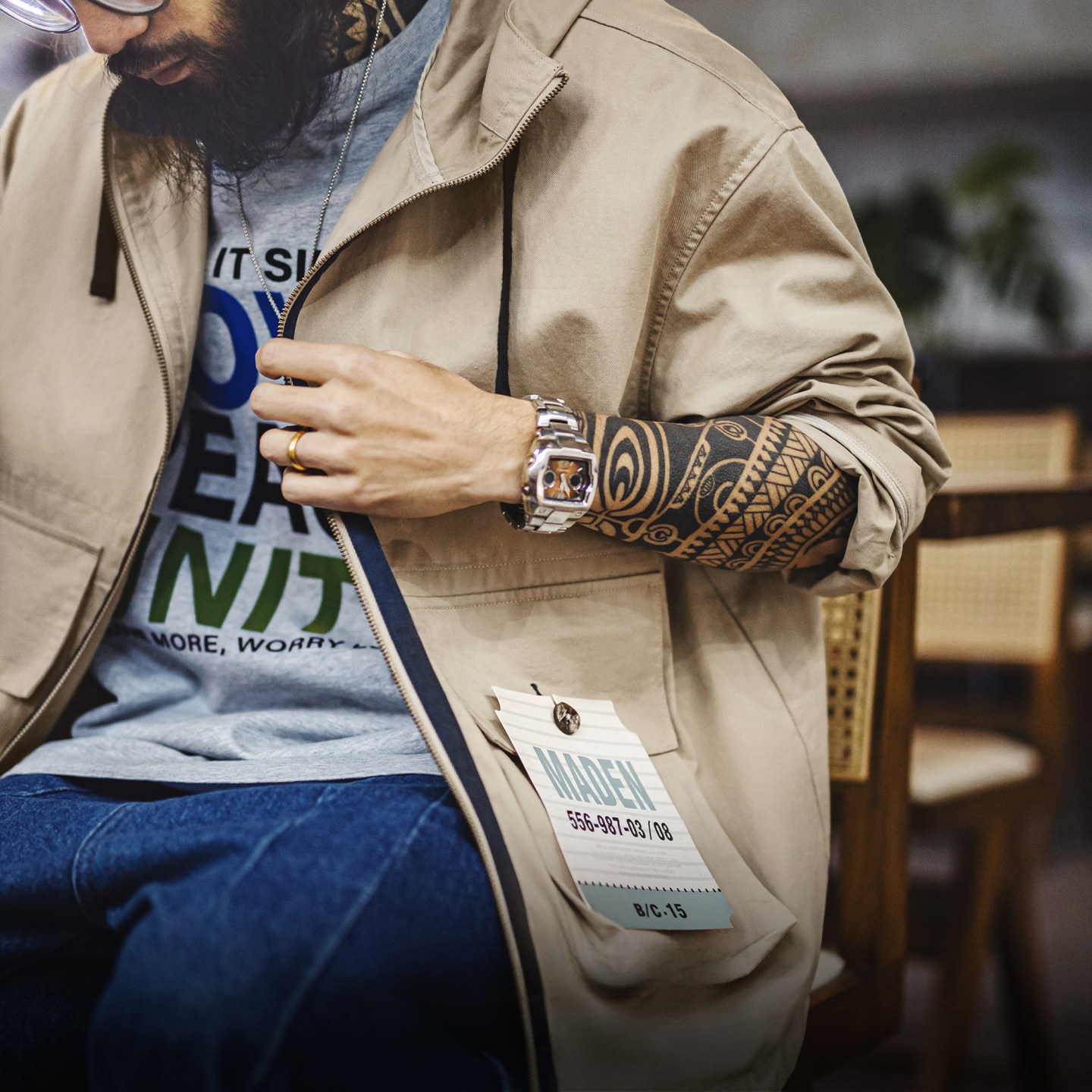 American Retro Multi Pocket Pure Cotton Canvas Khaki Standing Collar Hooded Jacket