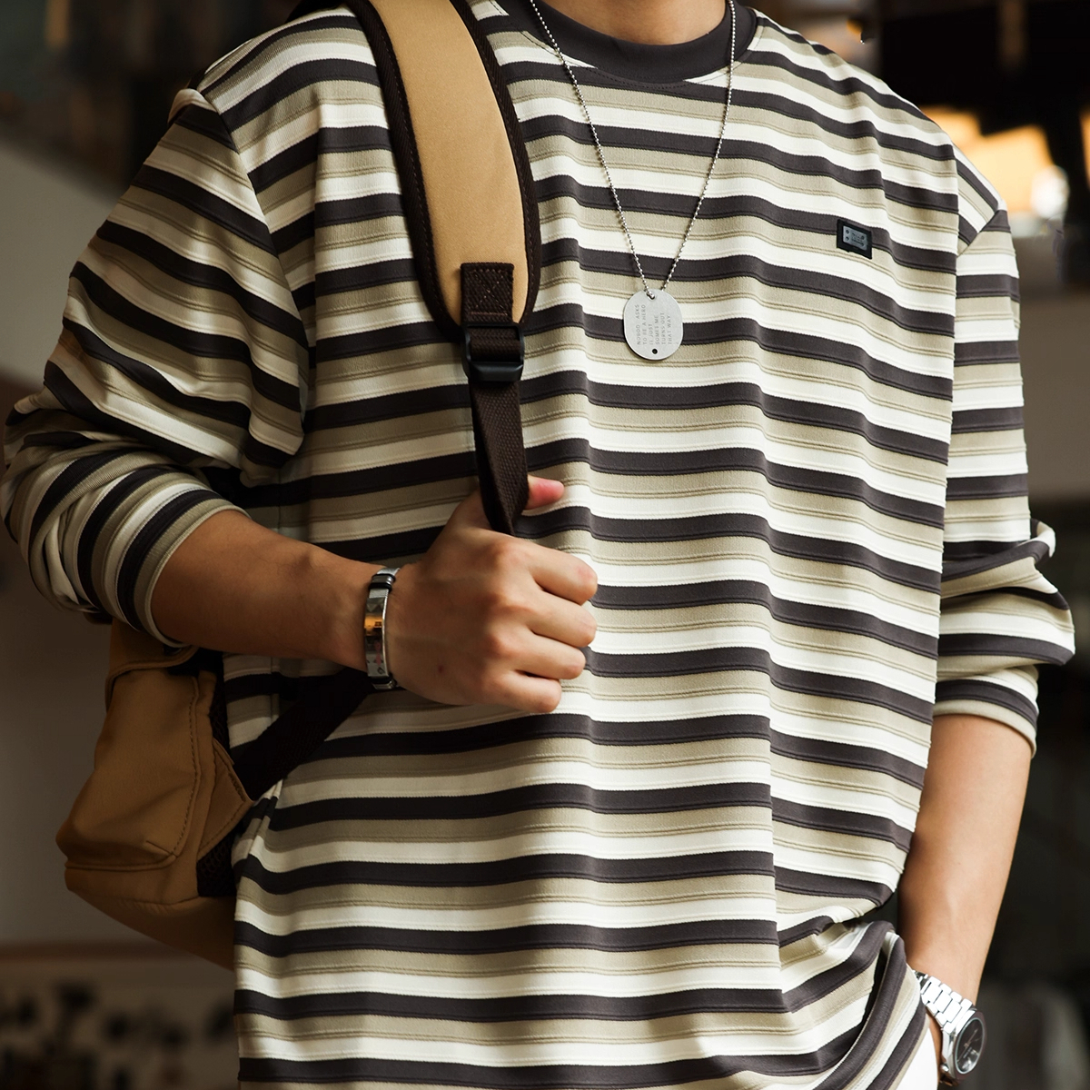 American Retro Three-Dimensional Men's 280g Contrasting Striped Knitted Long Sleeved T-Shirt