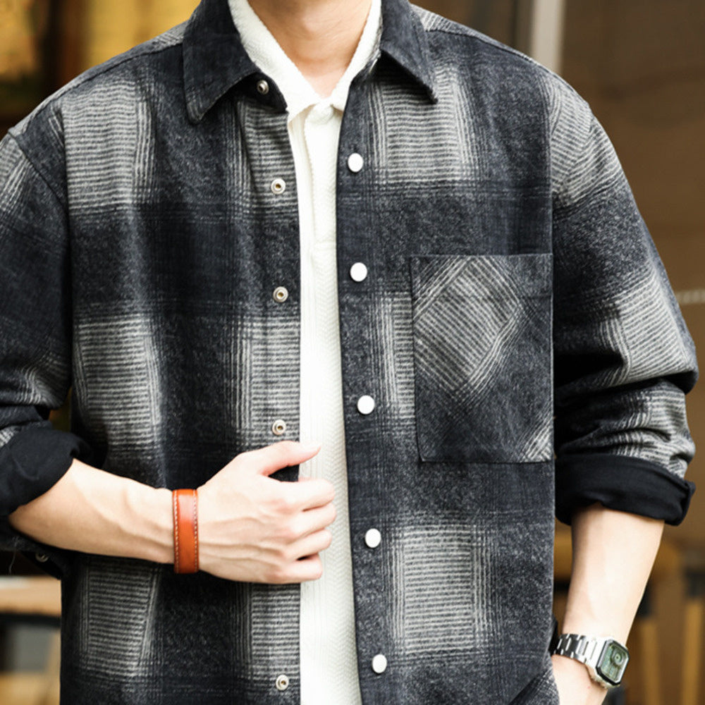 Chicano long sleeved faux woolen shirt, dyed and contrasting plaid brushed inch sweater jacket