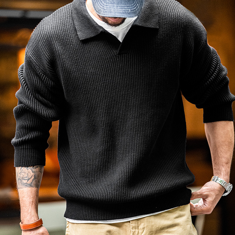 MADEN Magi Retro Lapels Knitwear Vertical Woven Sunken Stripe Polo Shirt Lazy Pullover Sweater