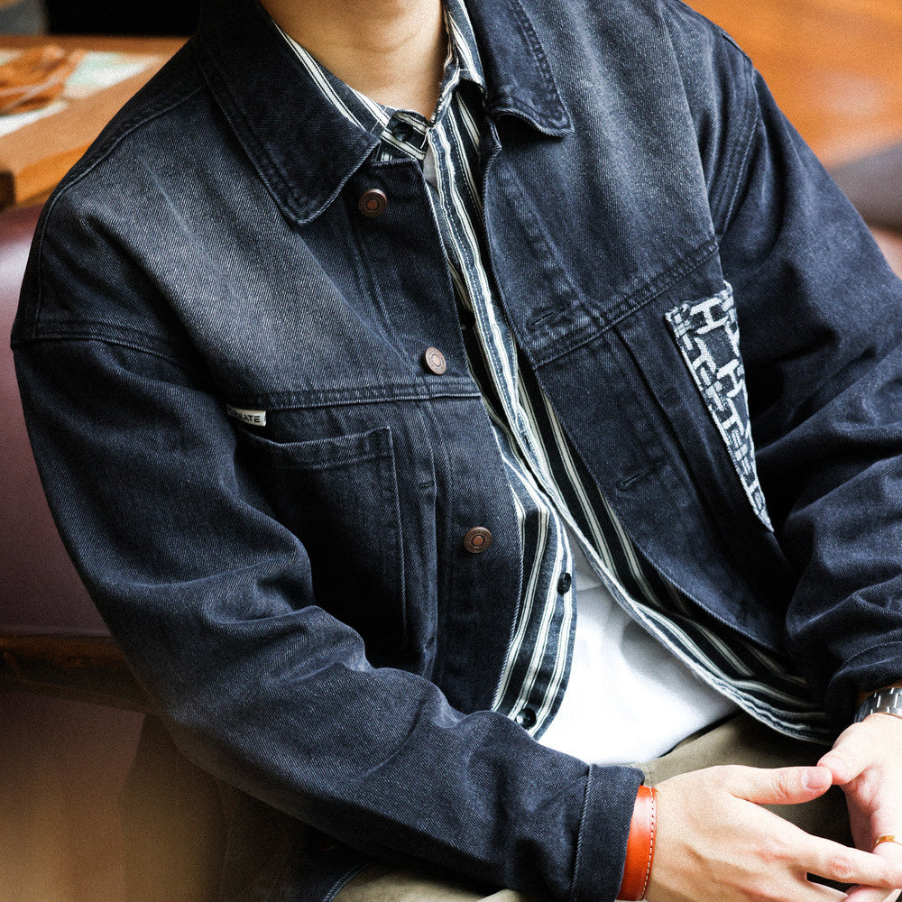 Storm Knight denim jacket men's cashew flower patchwork pocket design hunting motorcycle jacket