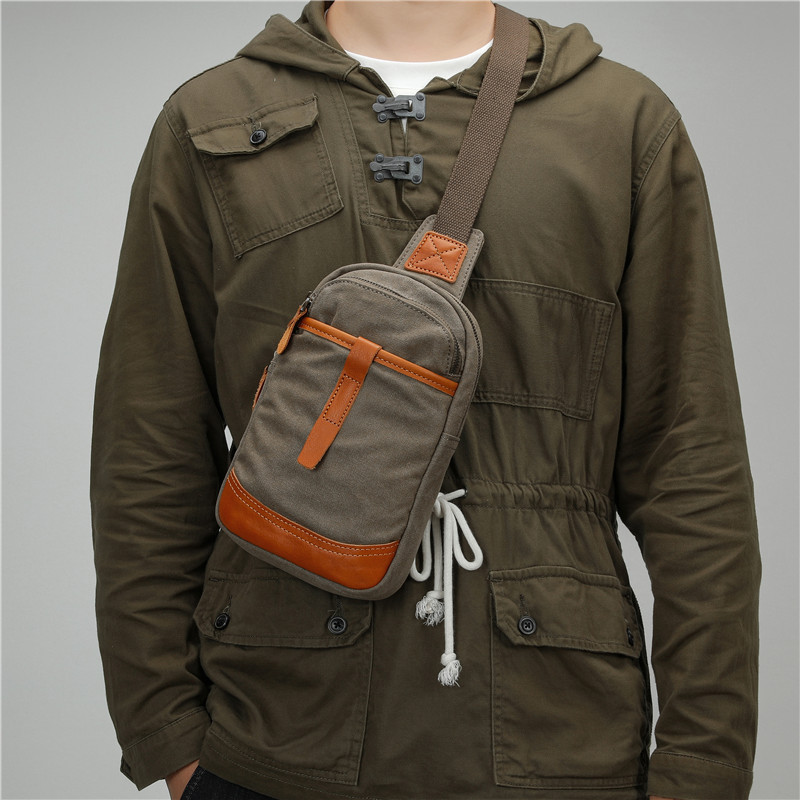 Vintage leather men's large capacity sports and leisure canvas crossbody bag