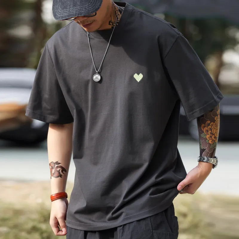 American casual heart-shaped embroidered men's loose 220g short sleeved T-shirt