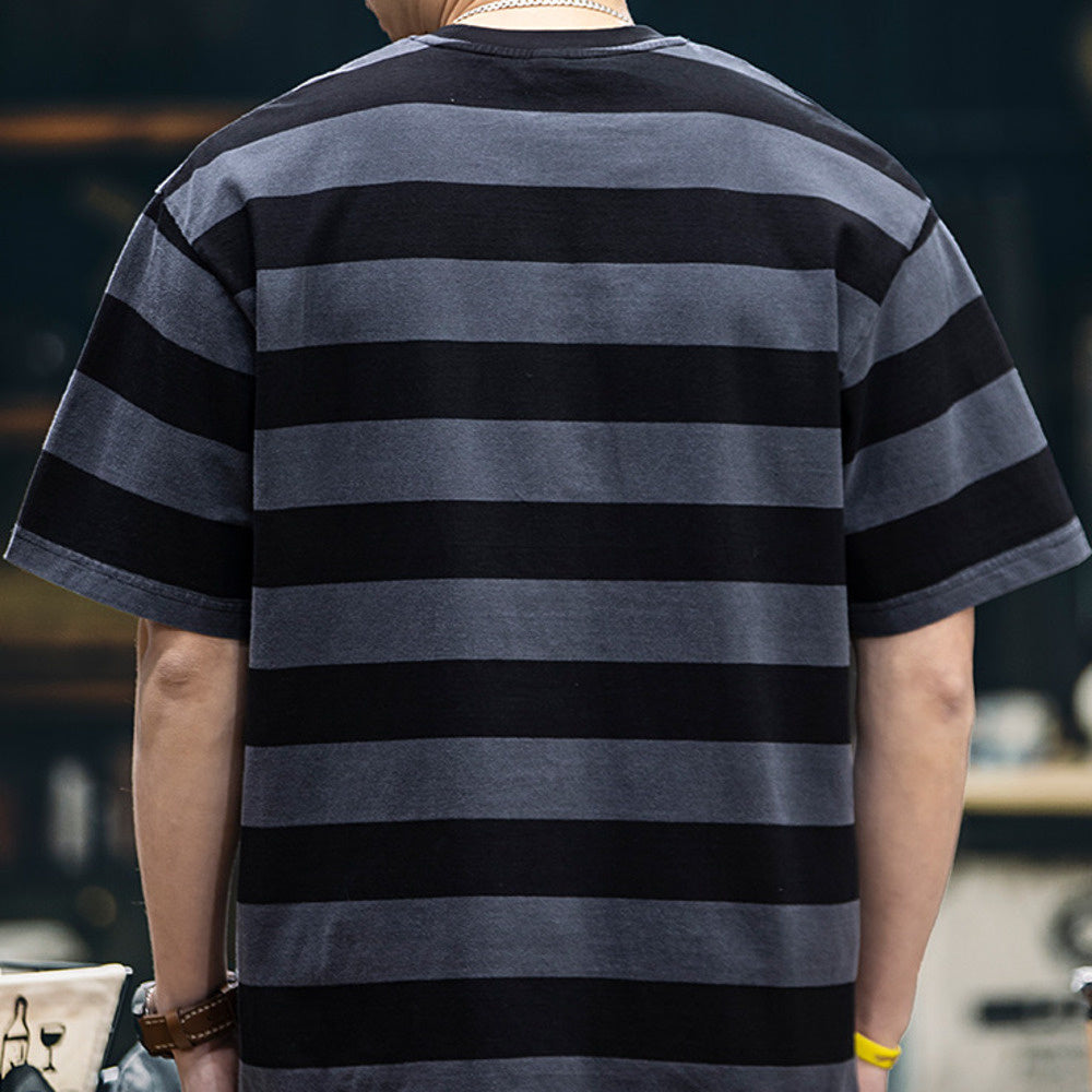Summer American pure cotton striped men's loose round neck T-shirt