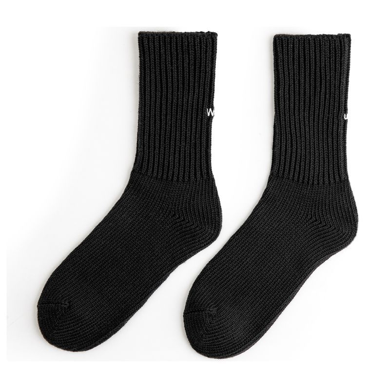 Maden retro thick thread embroidered knitted mid tube socks black sports breathable combed cotton long socks